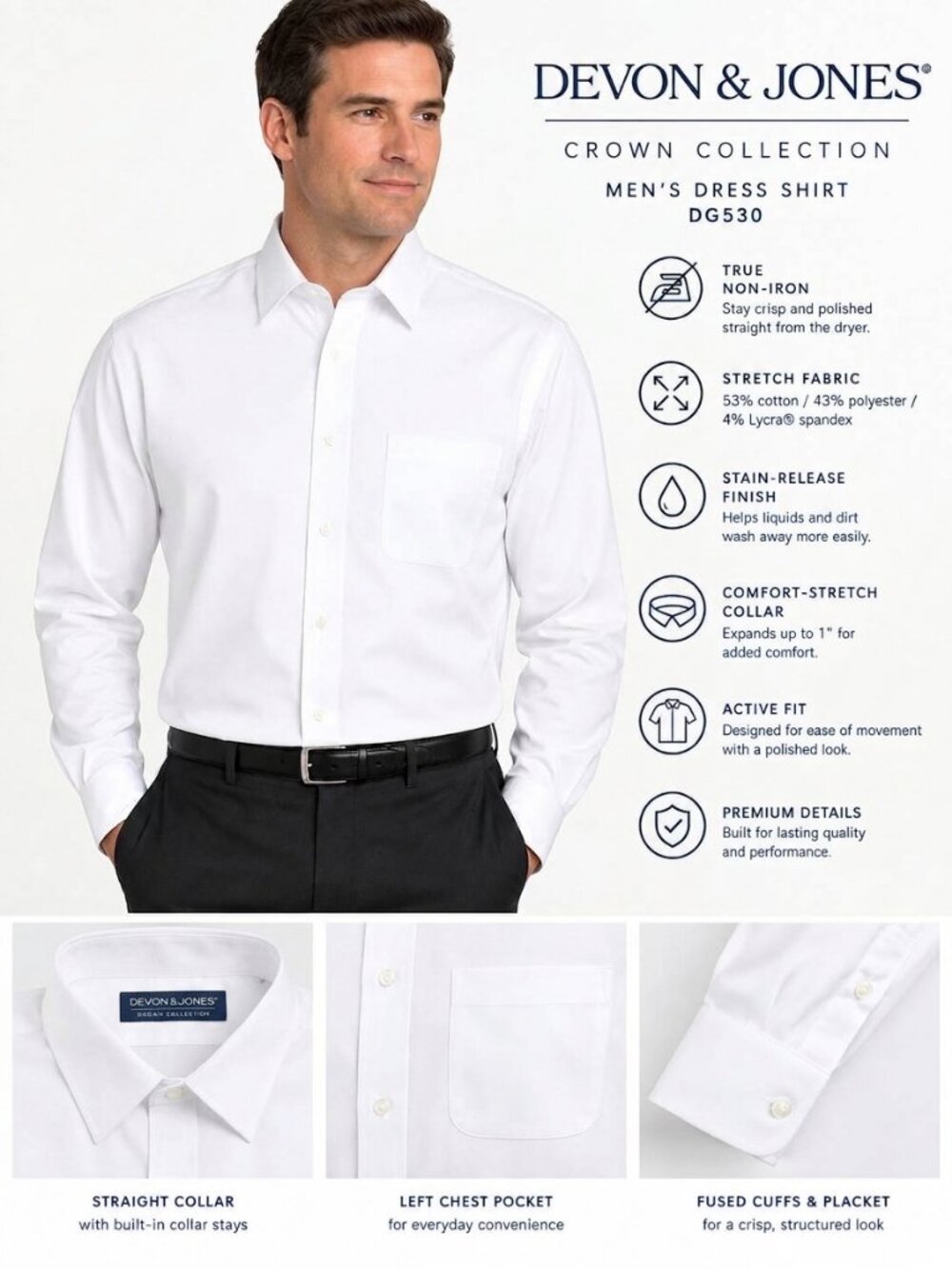 DEVON & JONES DG530 CROWN COLLECTION MEN’S DRESS SHIRT — BRAND NEW — XL & 4XL